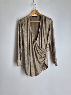 Purificacion García Gold Metallic Studio 54 Glam Draped Wrap Top Small Disco